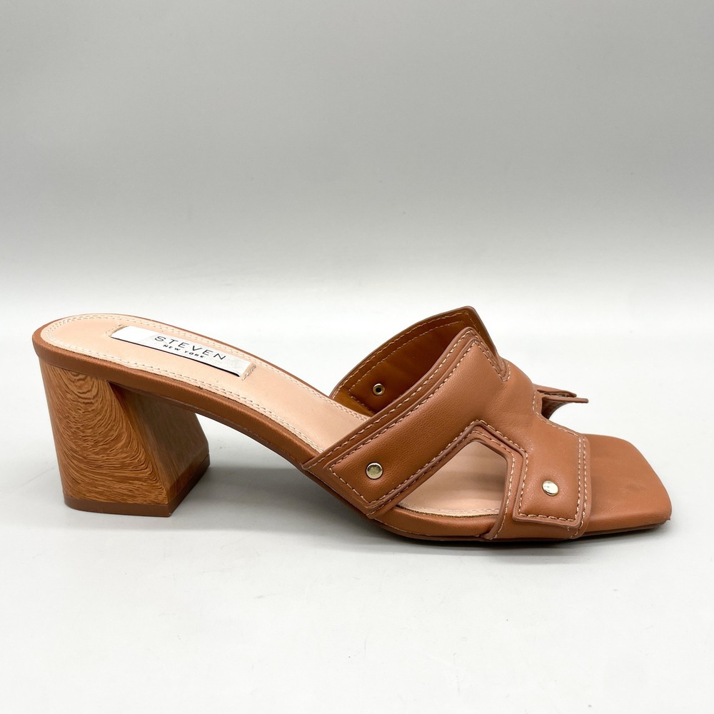 Steven Womens 8 Avina H Band Studded Heel Sandals Brown Leather Preppy Boho Chic